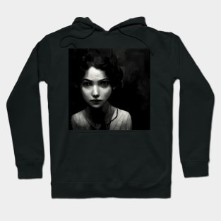 Young female standing in the dark with no emotions Hoodie